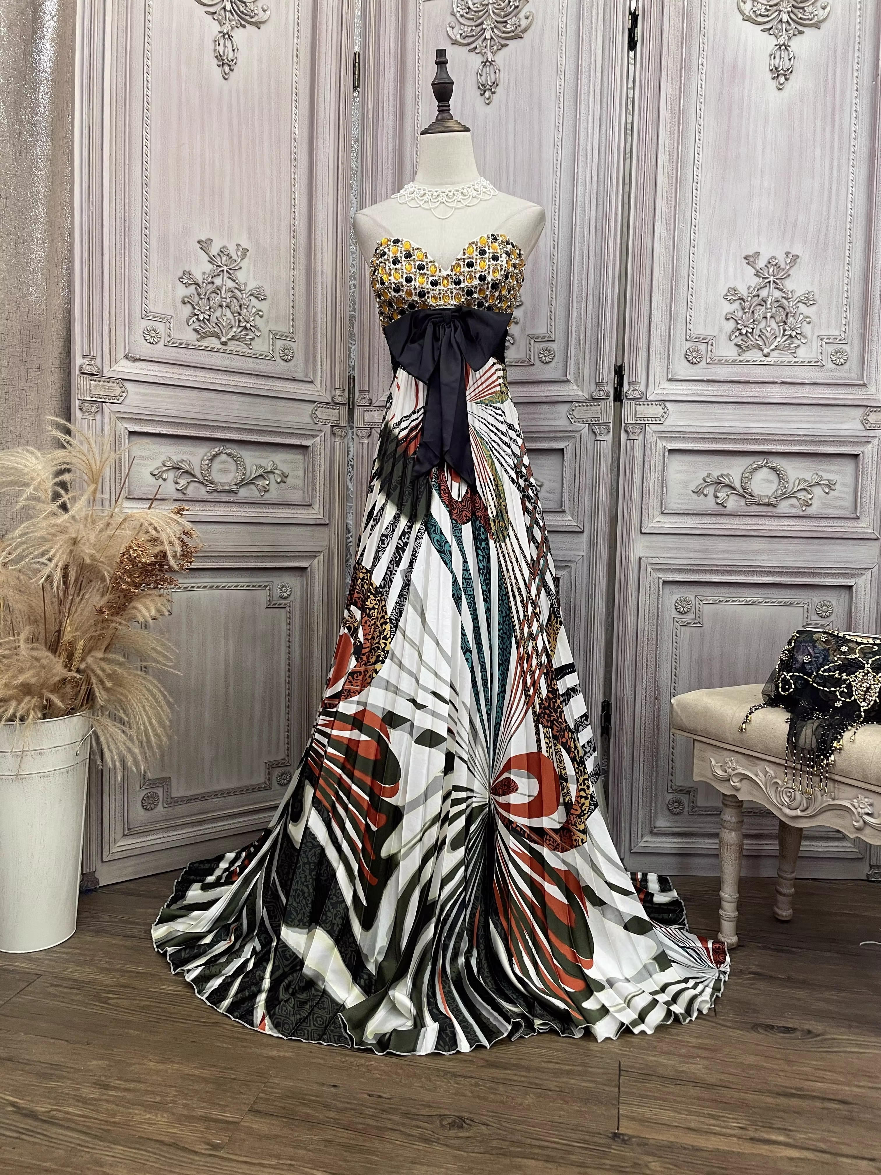 Satin Printed Pleated Patchwork Beading Dress Design (6)