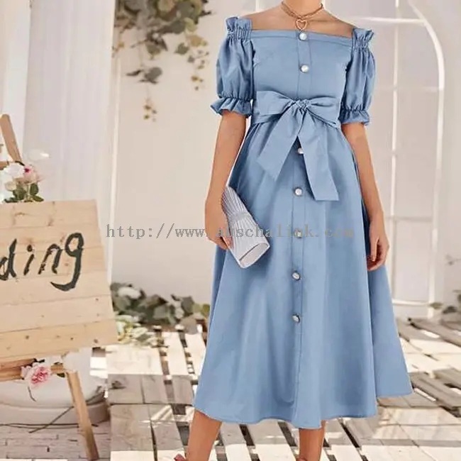 Sky Blue Button Bow Eleganti Bla Strapless Casual Dress (1)