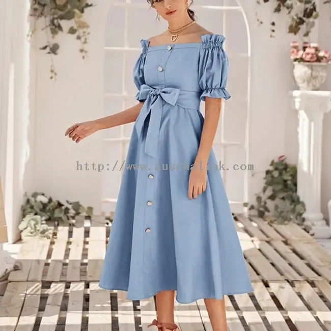 Sky Blue Button Bow Elegant Strapless Casual Dress (3)