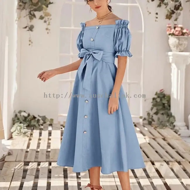 Sky Blue Button Bow Eleganti Bla Strapless Casual Dress (3)