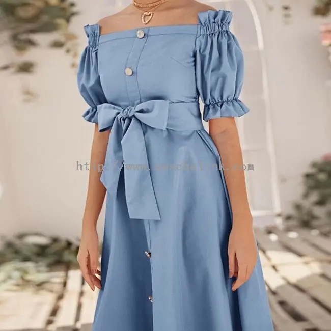 Sky Blue Button Bow Elegant Strapless Casual Dress (4)