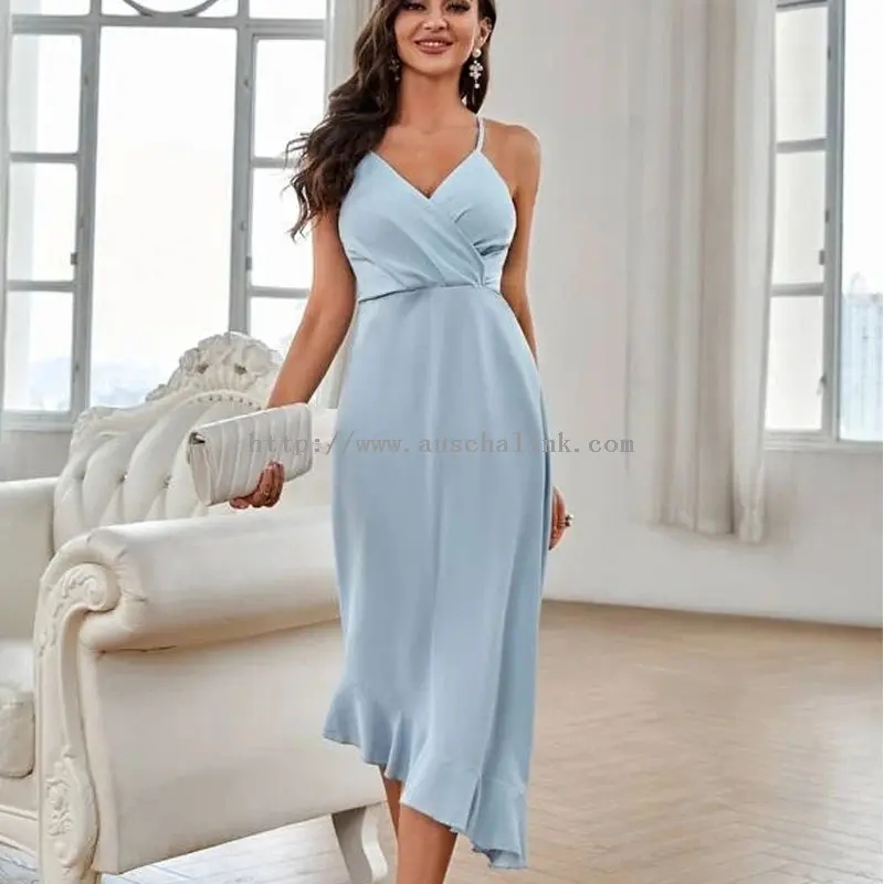 Небесносиня шифонена рокля с халтер с нестандартен размер (2)
