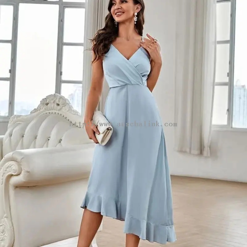 Sky Blue Chiffon Halter Irregular Midi Dress (3)