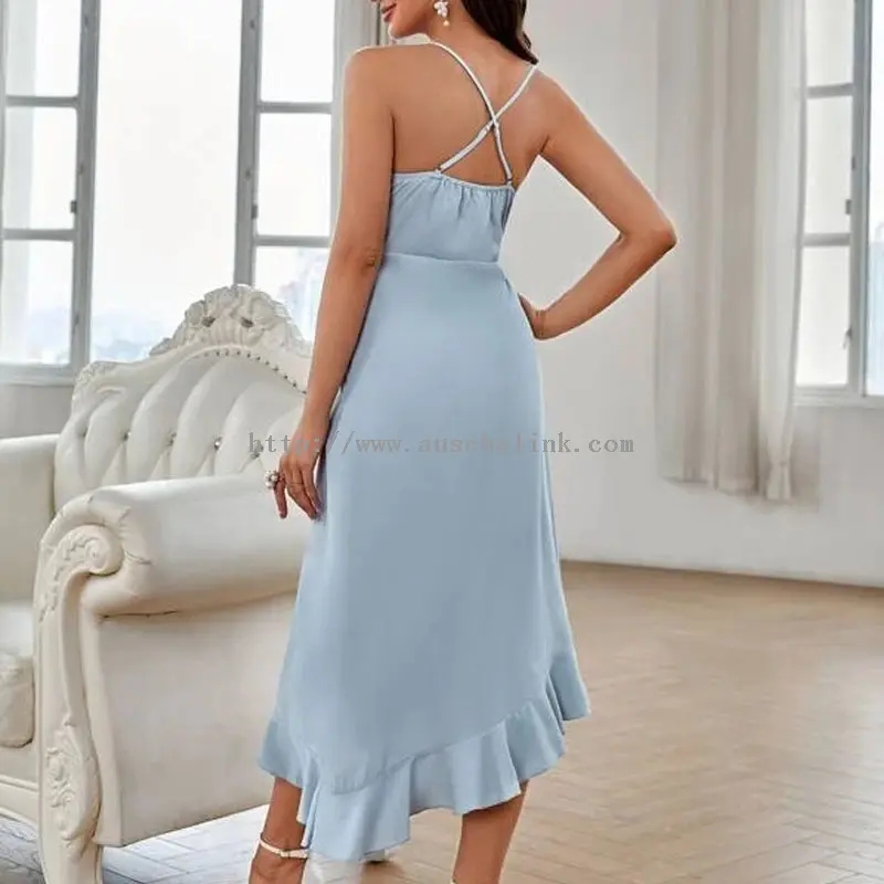 Èideadh Midi neo-riaghailteach Sky Blue Chiffon Halter (4)