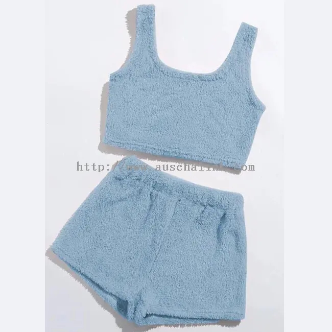 Sky Blue Flannel Vest Top Shorts 2 කෑලි කට්ටලය (2)