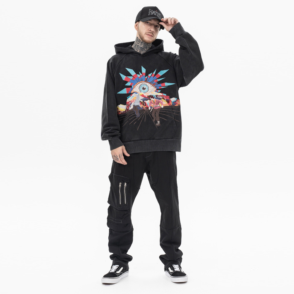 Ielu hiphopa radošais džemperis ar izšūtu brīvu kapuci (10)