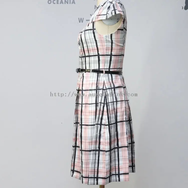 Pakéan Belted Elegan Summer Plaid Print Lengan Pendek (1)