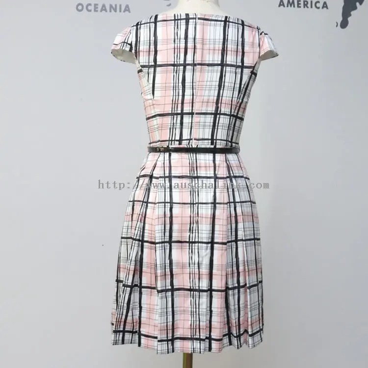 Summer Plaid Print Short Sleeve Elegant Belted Dress (2)