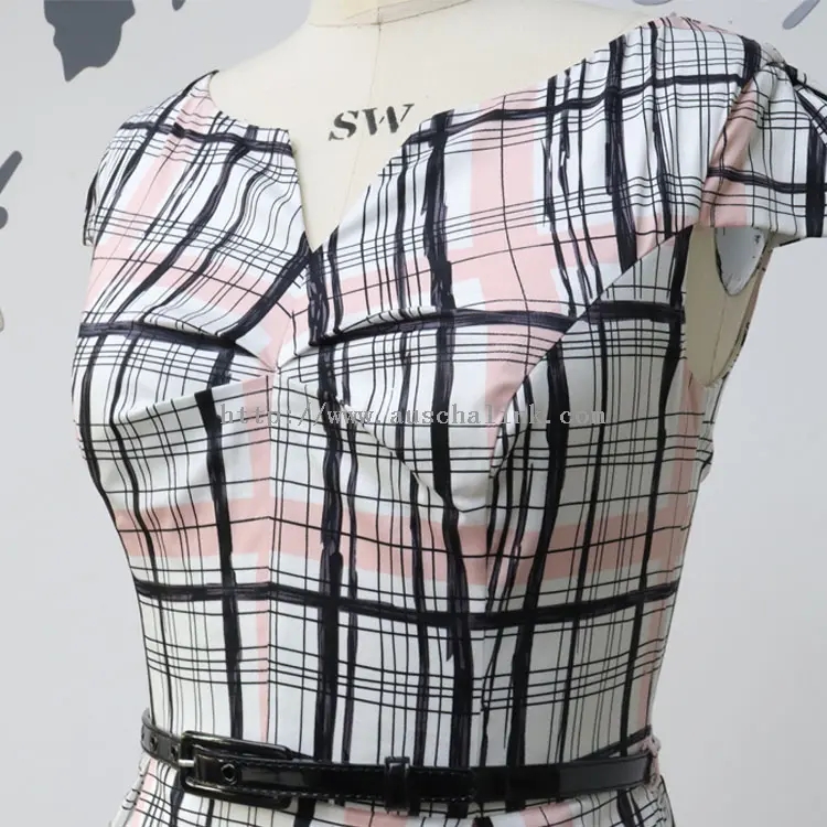 Summer Plaid Print Short Sleeve Elegant Belted Dress (3)