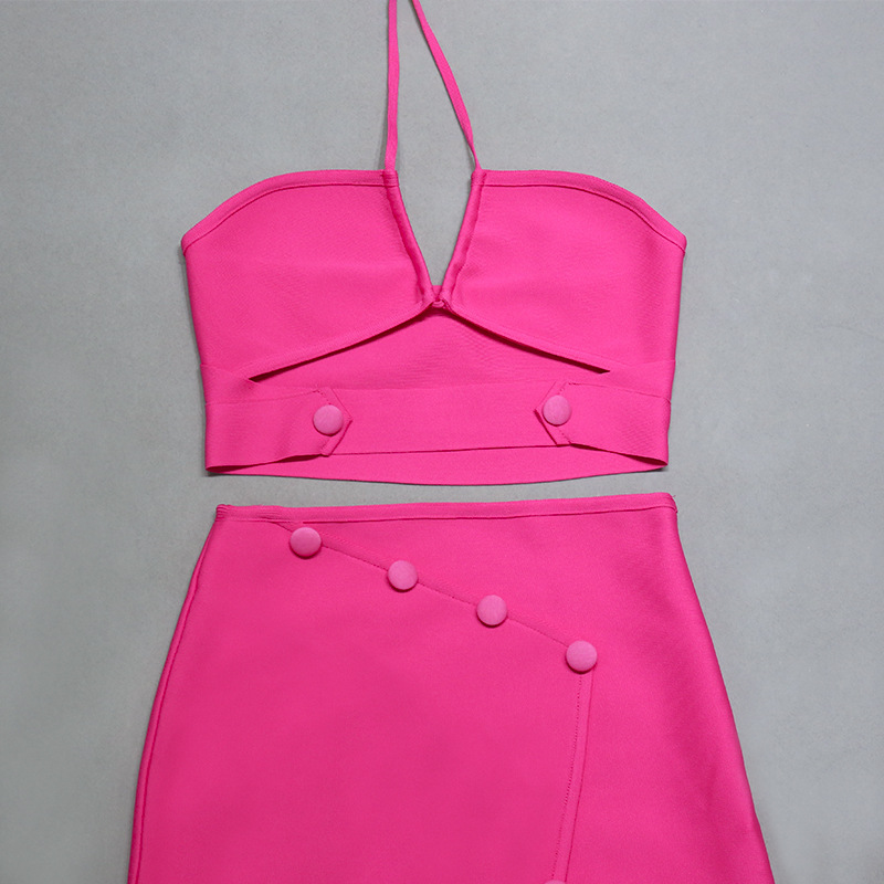 Two Piece Pink Halter Top Strappy Wrap Skirt (1)