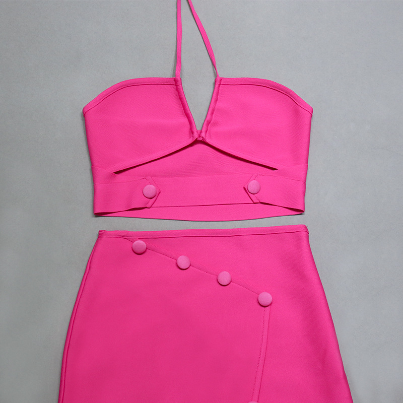 Tvådelad rosa Halter Top Strappy Omlot Kjol (1)