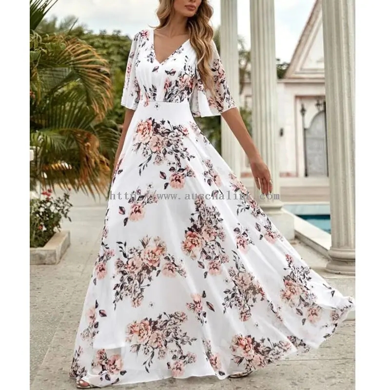 Wite gemalen chiffon maxi bohemien jurk (1)