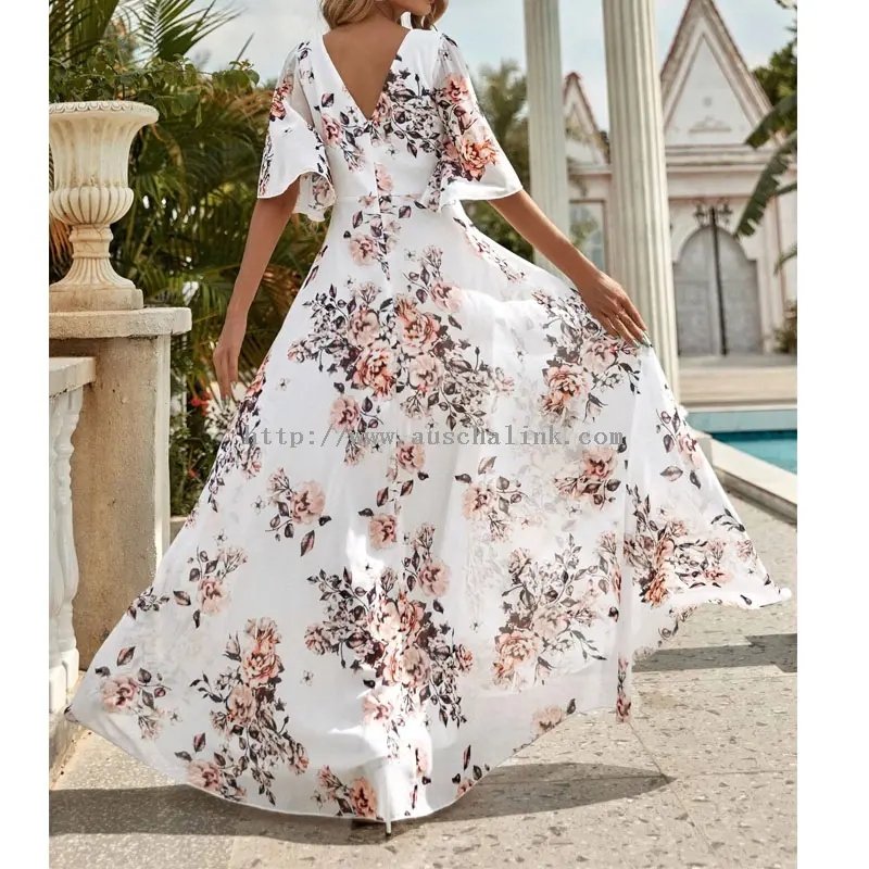 Λευκό θρυμματισμένο σιφόν Maxi Bohemian φόρεμα (3)