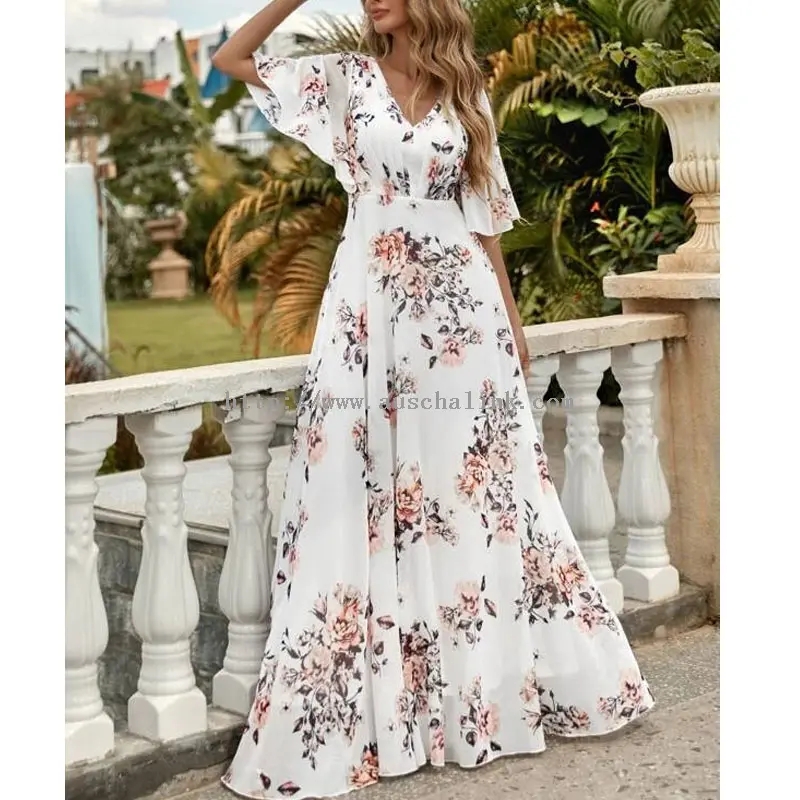 Hvítur Crushed Chiffon Maxi Bohemian kjóll (4)