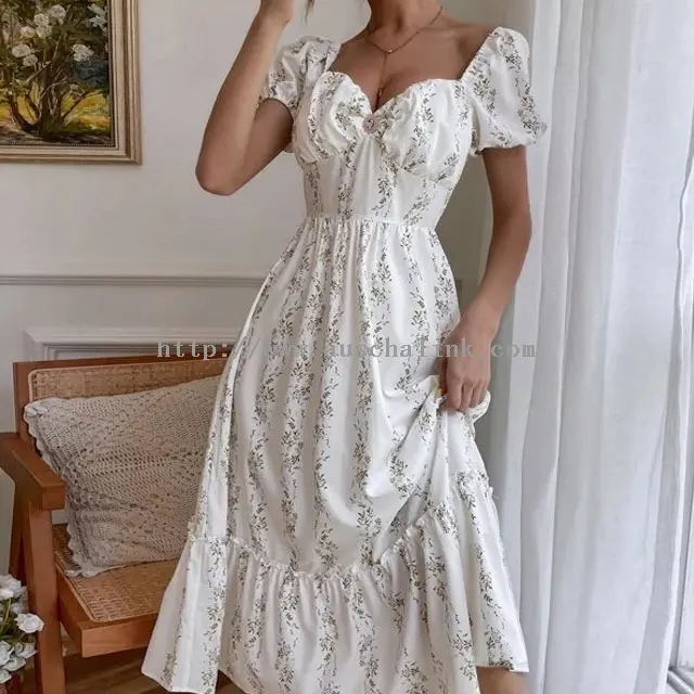 White Floral Bohemian Casual Midi Dress (1)