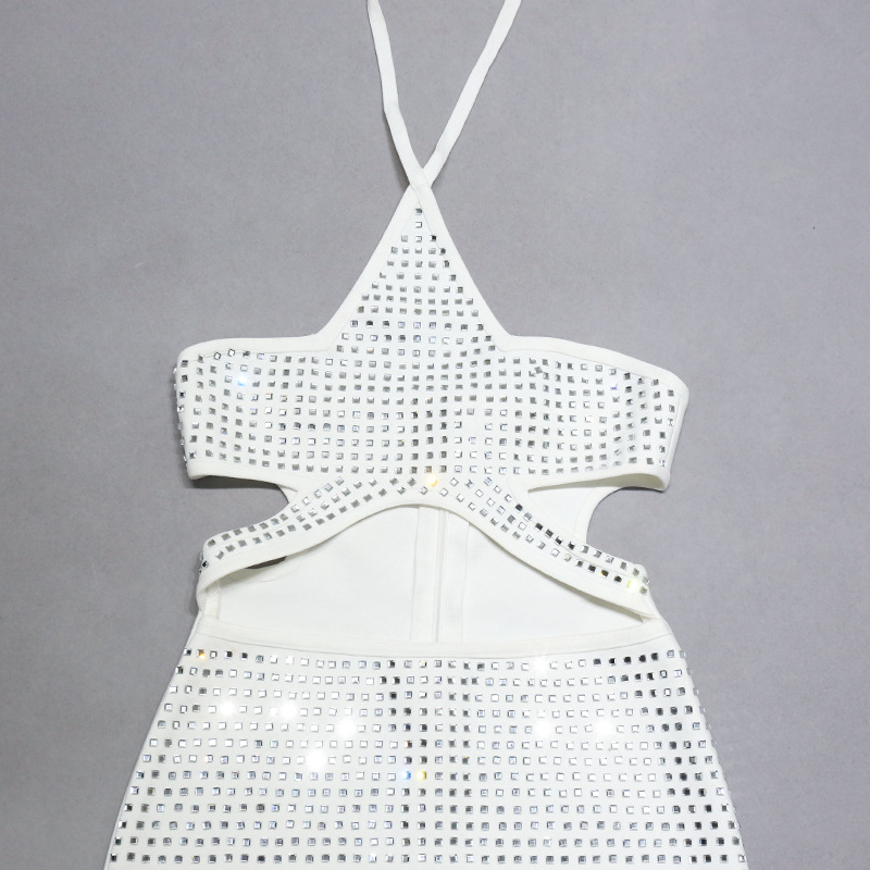 White Halter Neck Elegant Diamond Encrusted Sexy Dress (8)