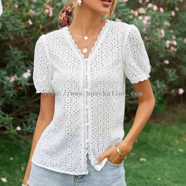 White Lace Patchwork Hollow Short Sleeve T-Shirt Top (2)