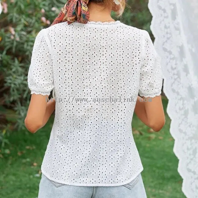 Bílé krajkové Patchwork duté tričko s krátkým rukávem (3)