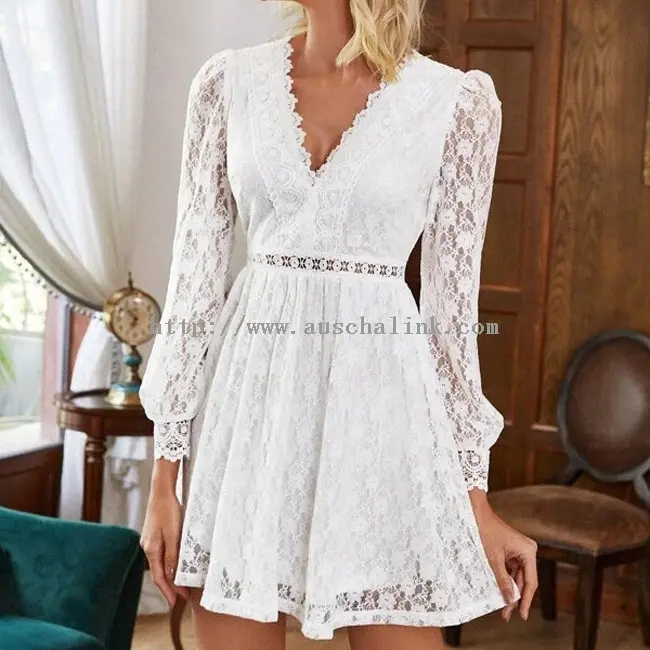 White Lace V-Neck Long Sleeve Elegant Dress (1)