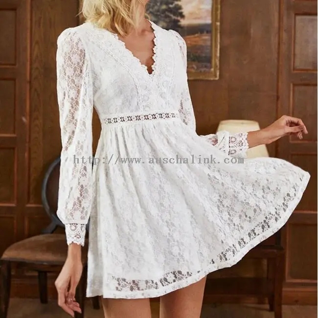 White Lace V-Neck Long Sleeve Elegant Dress (2)