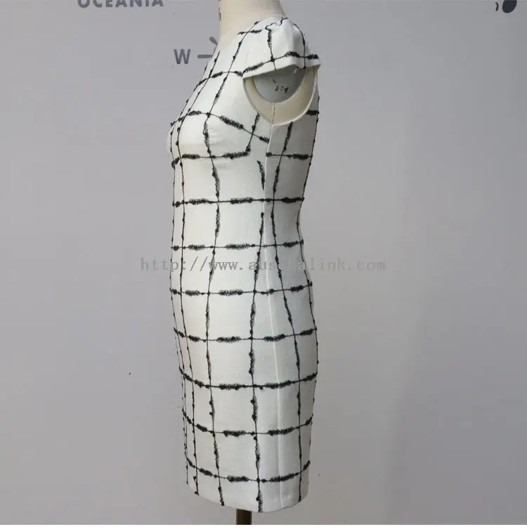 Bijela karirana haljina kratkih rukava s okruglim izrezom (1)
