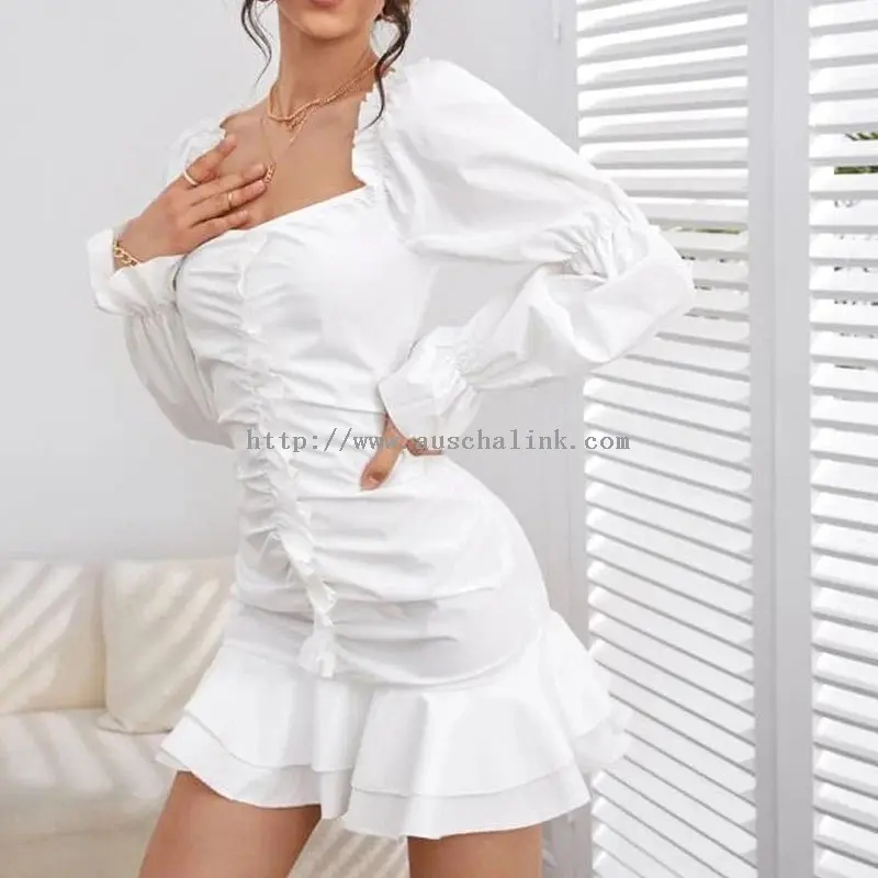 Λευκό τετράγωνο λαιμόκοψη φουσκωτό μανίκι βαμβακερό μίνι βολάν φόρεμα (2)