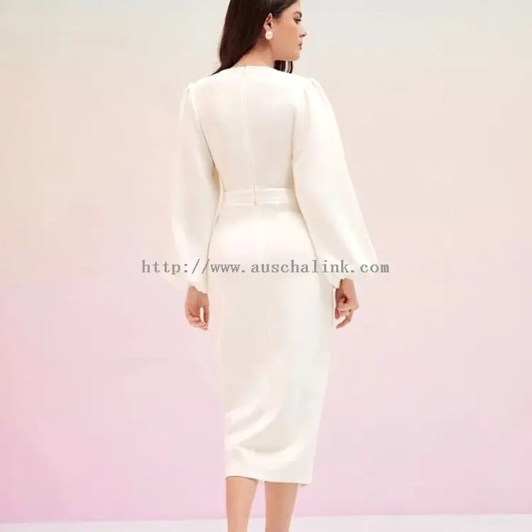 White V-Neck Elegant Lantern Sleeve Midi Dress (3)