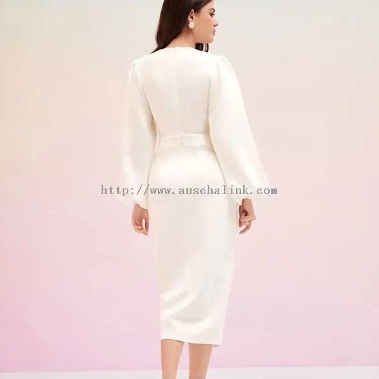 Rochie midi, elegantă, cu decolteu în V, cu mâneci lanternă (3)