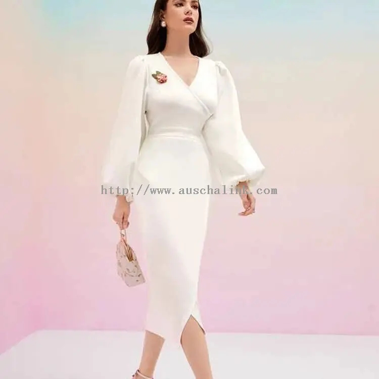 White V-Neck Elegant Lantern Sleeve Midi Dress (4)