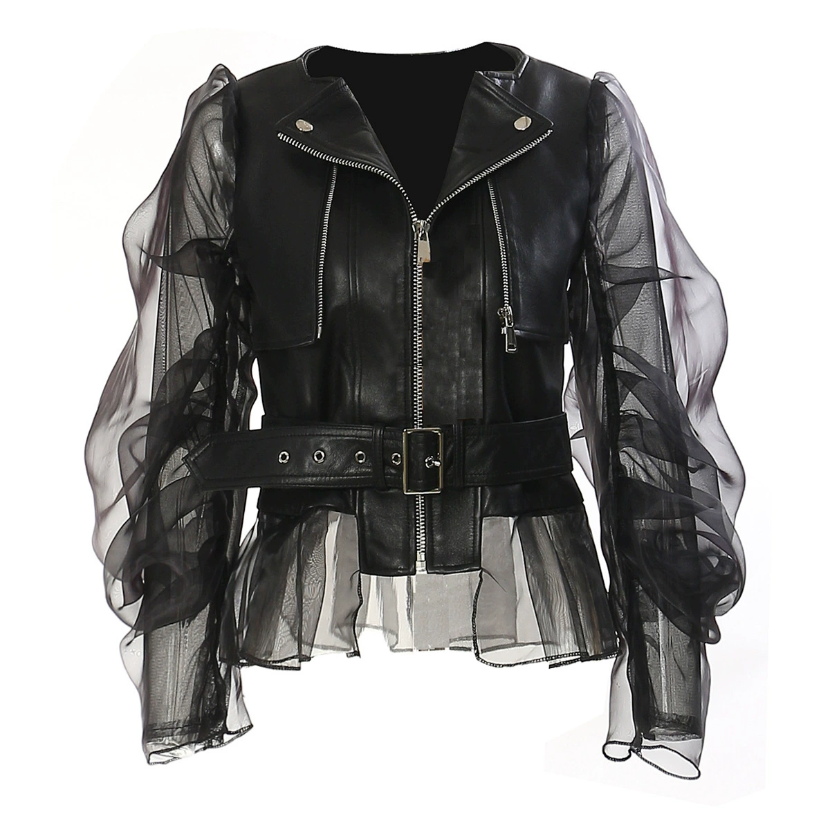 Women's Mesh-Panel Sheer Leather Motorcycle Jacket (10)