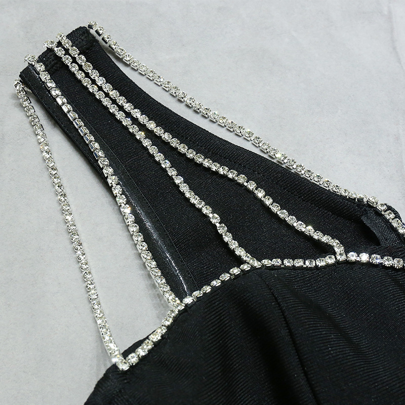 црн сплит секси завој фустан за едно рамо со дијаманти (8)