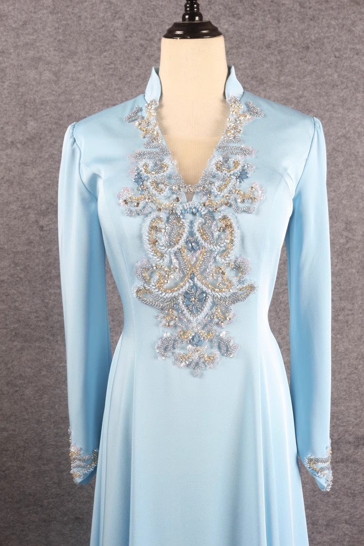 mėlynos spalvos karoliukai ODM formalios įvyniojamos suknelės gamintojas (3)