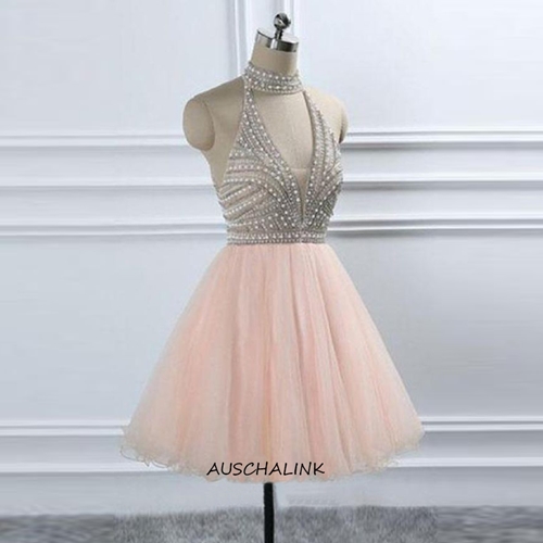 halter-plunging-V-neck-beaded-top-with-pink-tulle-skirt-cocktail-dress-1