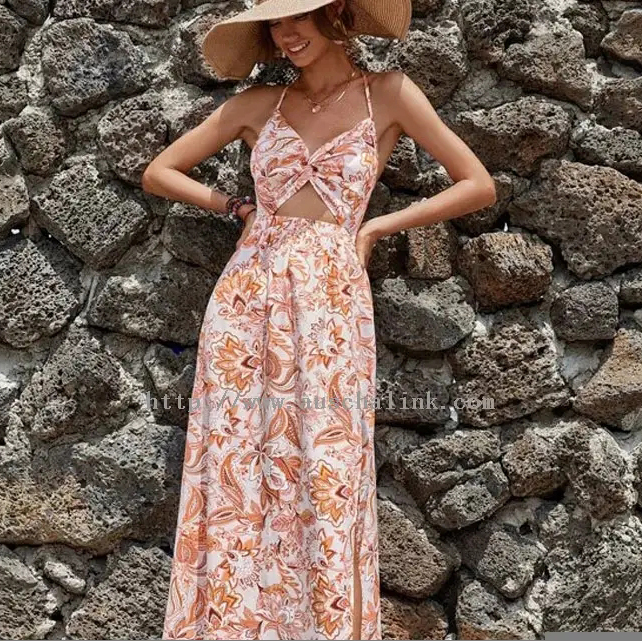 Orange Printed Halter Bohemian Slit Cotton Dress