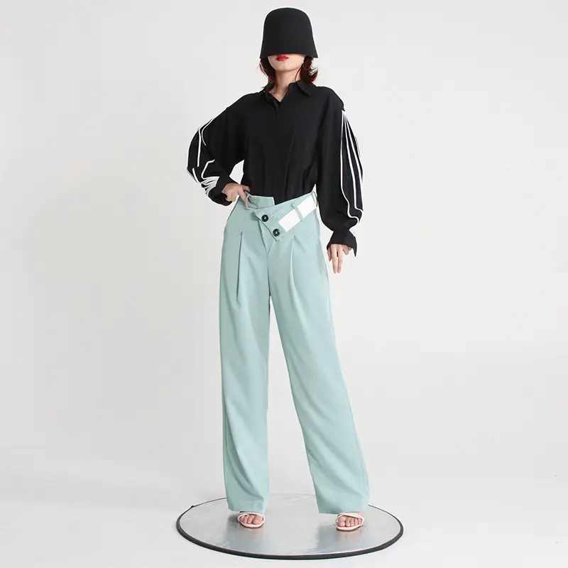 Mint green design chiffon wide leg pants.webp